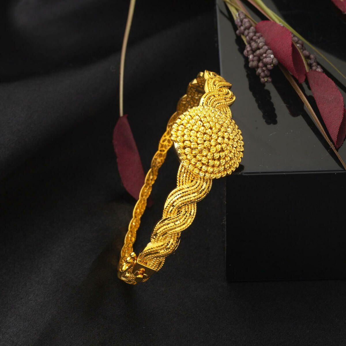 22K Yellow Gold Braided Bead Hinged Cuff Bangle