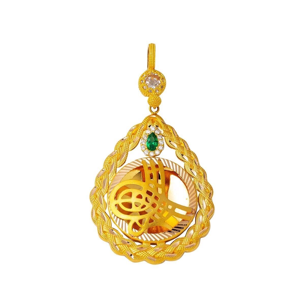 14K Yellow Gold Braided Ottoman Tughra Cubic Zirconia Pendant (5.76 g)