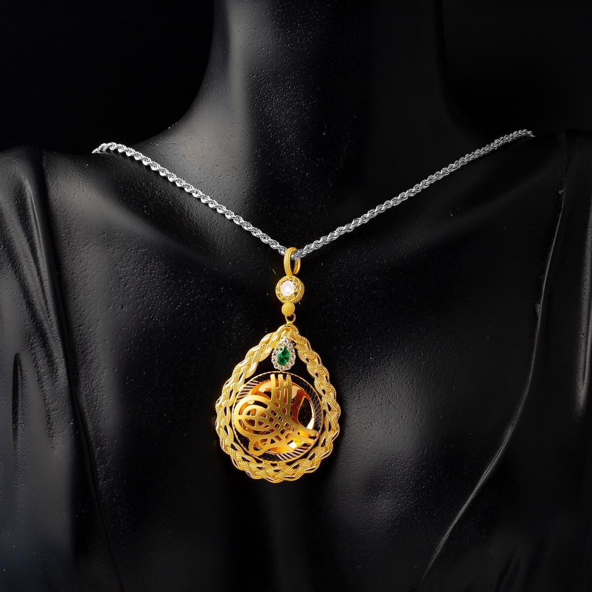 14K Yellow Gold Braided Ottoman Tughra Cubic Zirconia Pendant (5.76 g)