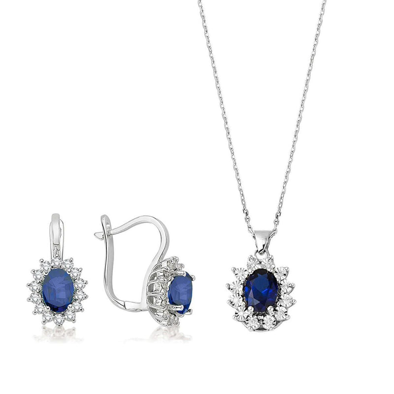 14K White Gold Sapphire Diamond Necklace and Earrings Set