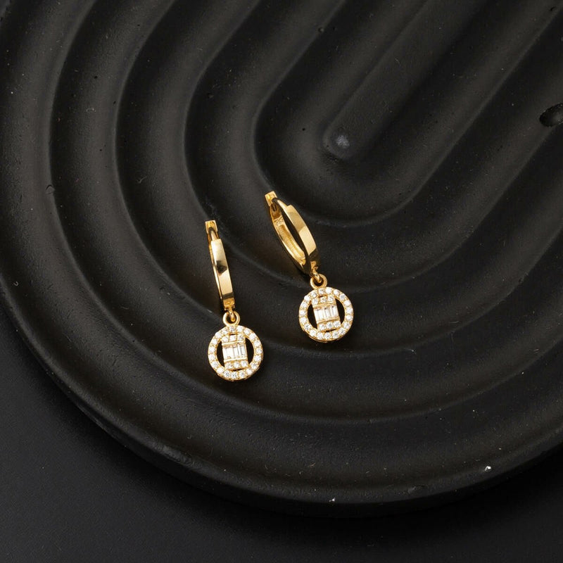 14K Yellow Gold Dangle Baguette Cubic Zirconia Earrings