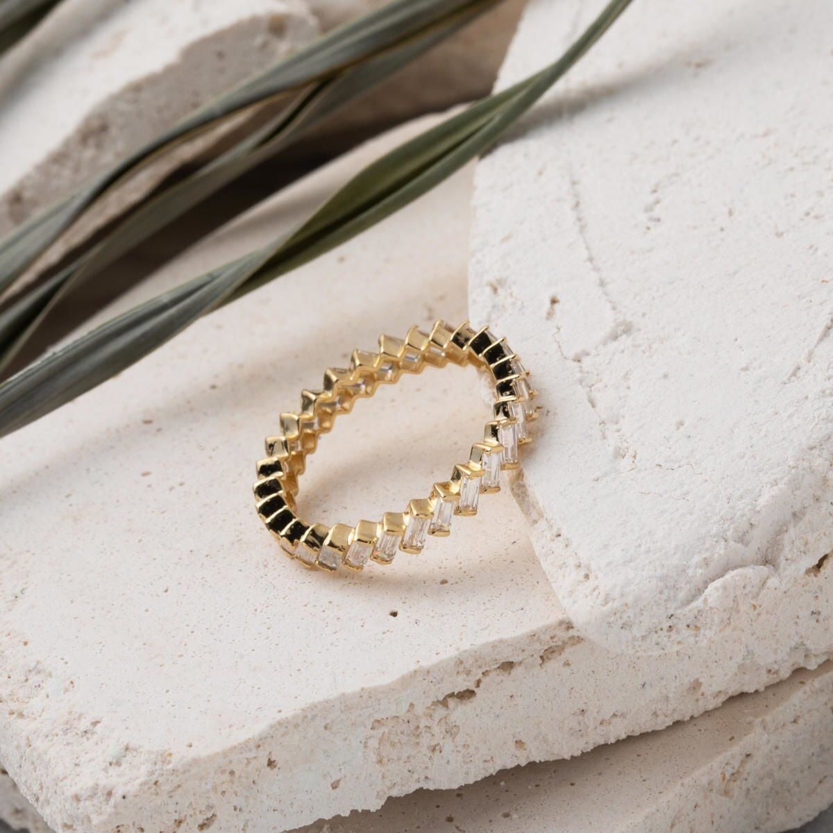 14K Yellow Gold Baguette Full Eternity Cubic Zirconia Ring