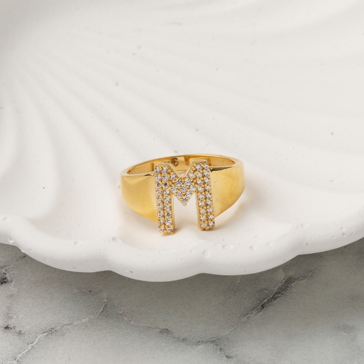 14K Yellow Gold M Initial Cubic Zirconia Ring