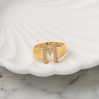 14K Yellow Gold M Initial Cubic Zirconia Ring