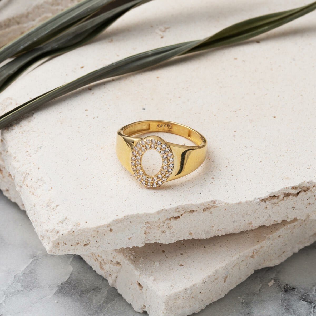14K Yellow Gold Initial O Cubic Zirconia Women's Ring