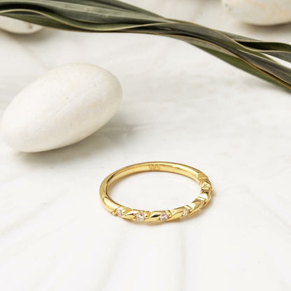 14K Yellow Gold Spiral White Cubic Zirconia Ring