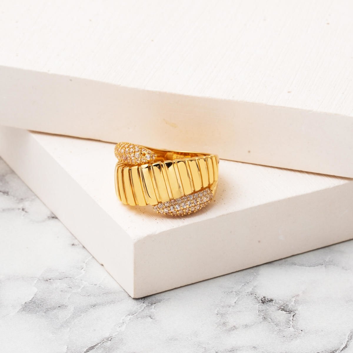 14K Yellow Gold Spiral Patterned Cubic Zirconia Ring