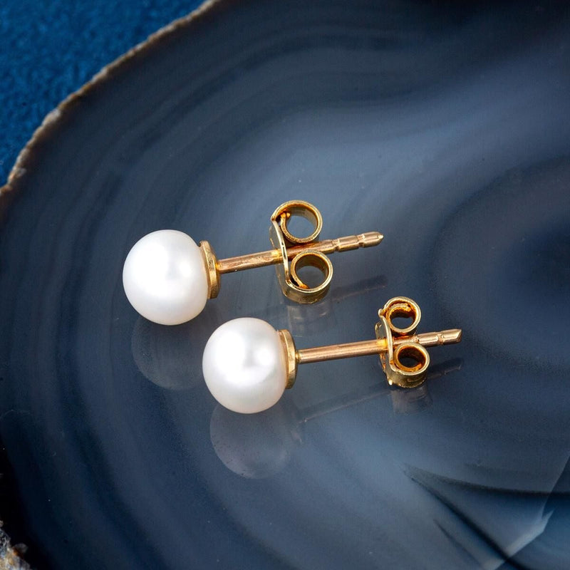 14K Yellow Gold Pearly White Pearl Earrings