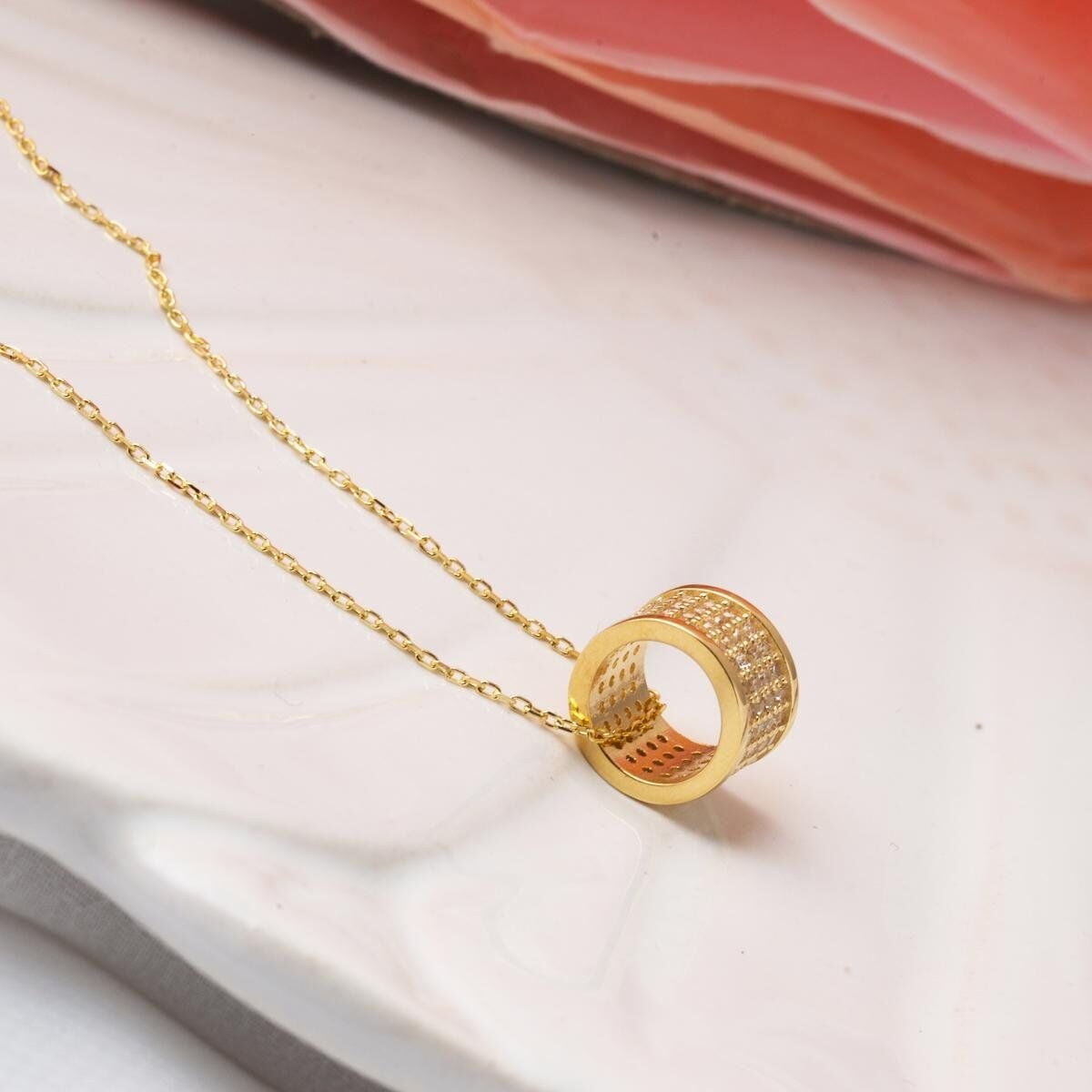 14K Yellow Gold Love Circle Cubic Zirconia Necklace