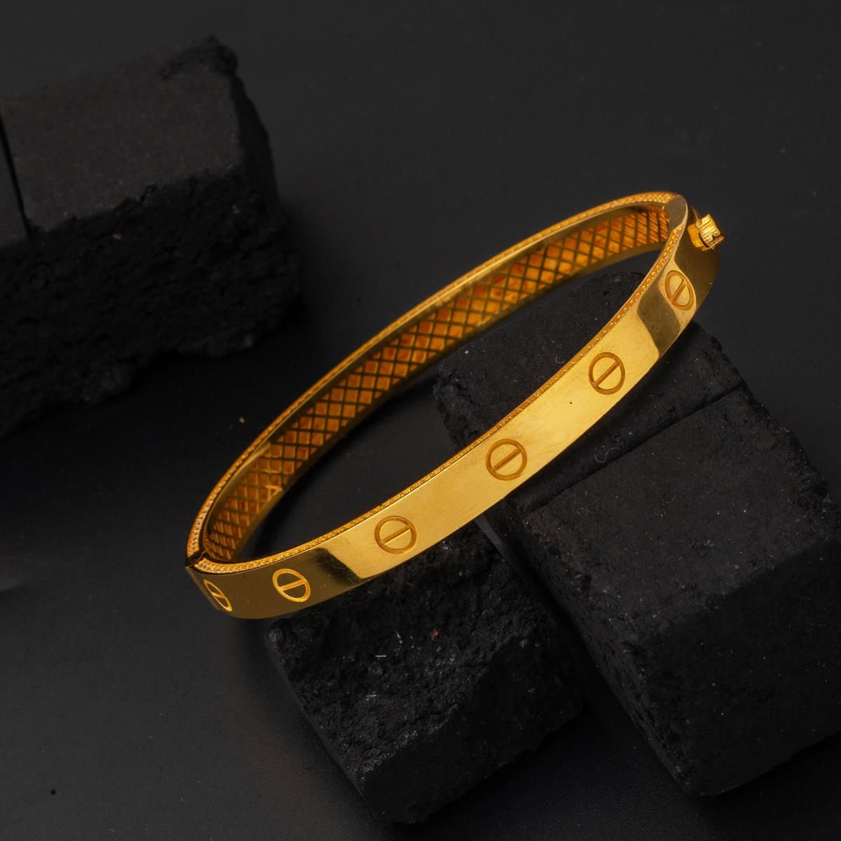 22K Yellow Gold Row Cubic Zirconia Designer Inspired Hinged Cuff Bangle