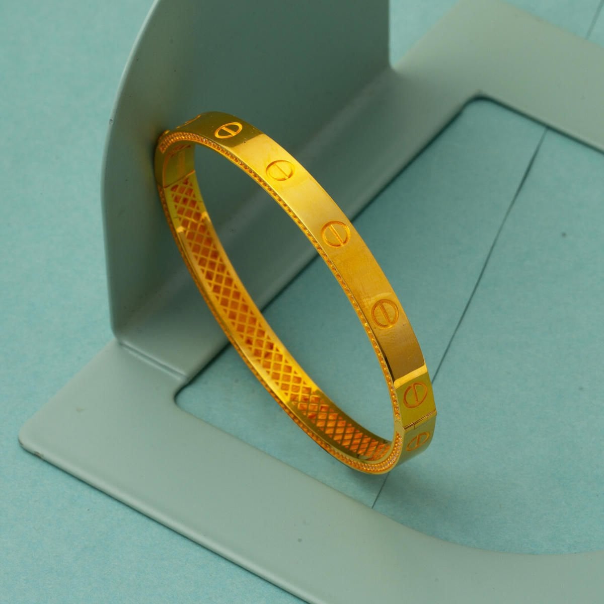 22K Yellow Gold Row Cubic Zirconia Designer Inspired Hinged Cuff Bangle