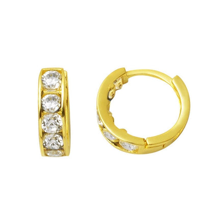 14K Yellow Gold Row Cubic Zirconia Baby Hoop Earrings