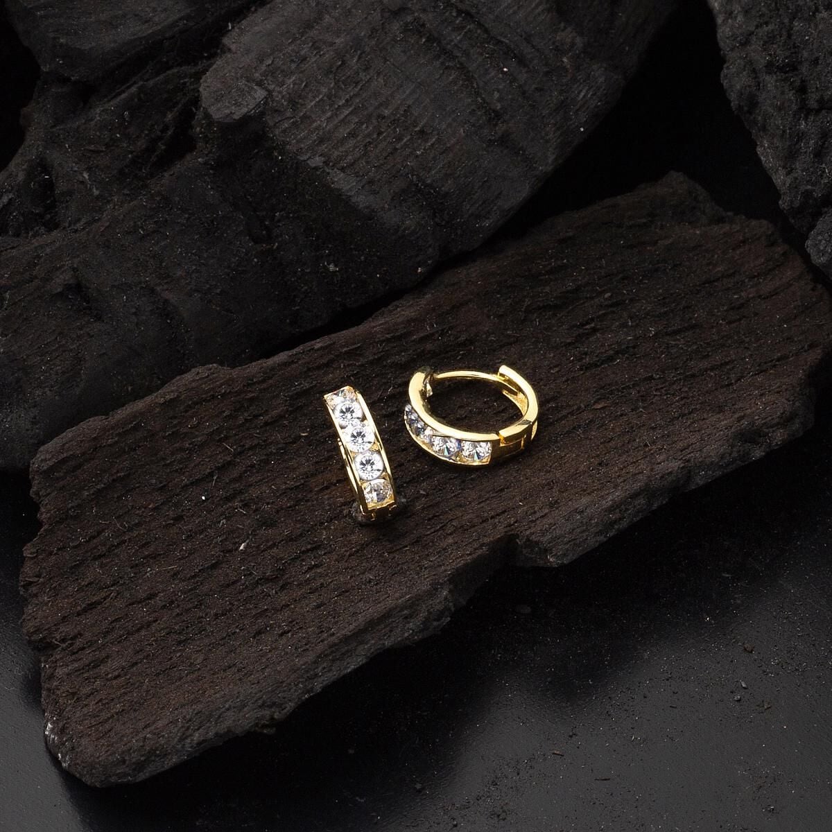 14K Yellow Gold Row Cubic Zirconia Baby Hoop Earrings