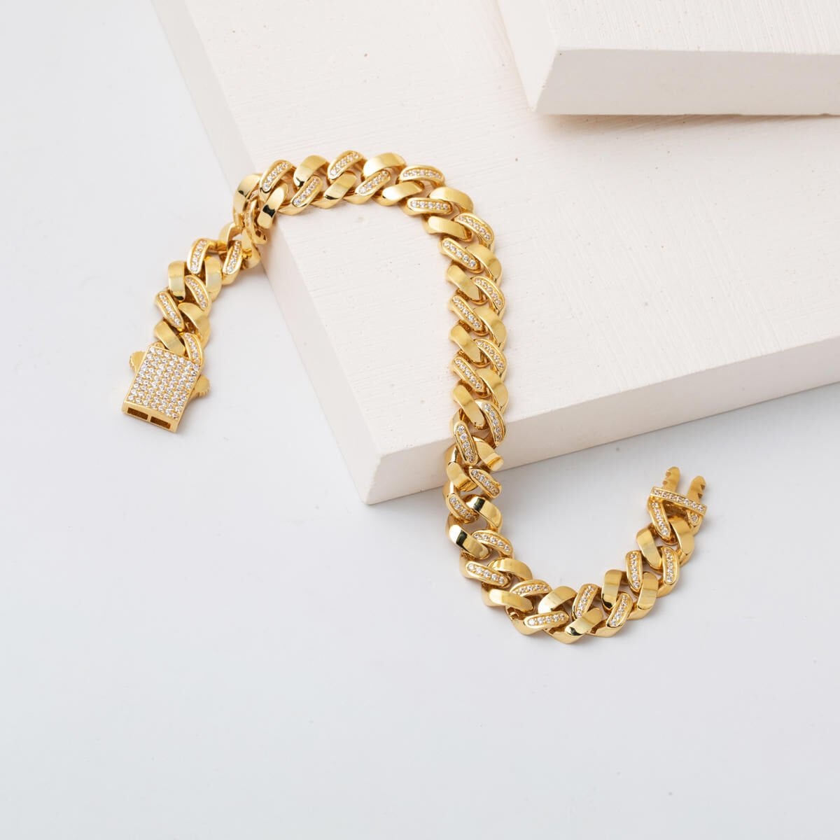 14K Yellow Gold Row Italian Curb Cubic Zirconia Bracelet