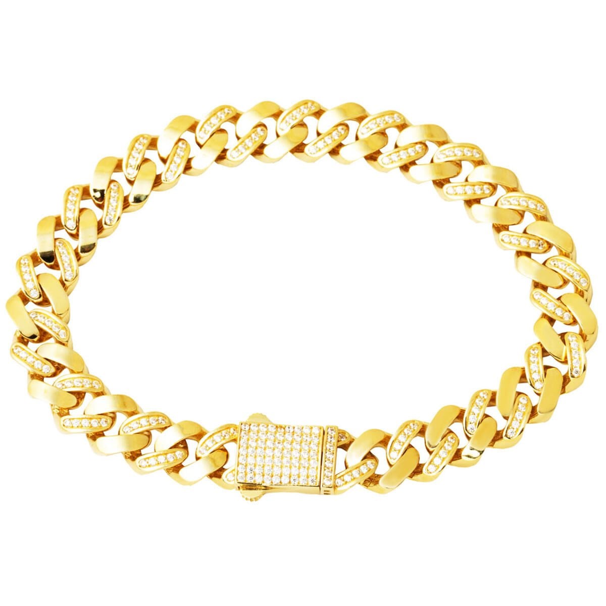 14K Yellow Gold Row Italian Curb Cubic Zirconia Bracelet
