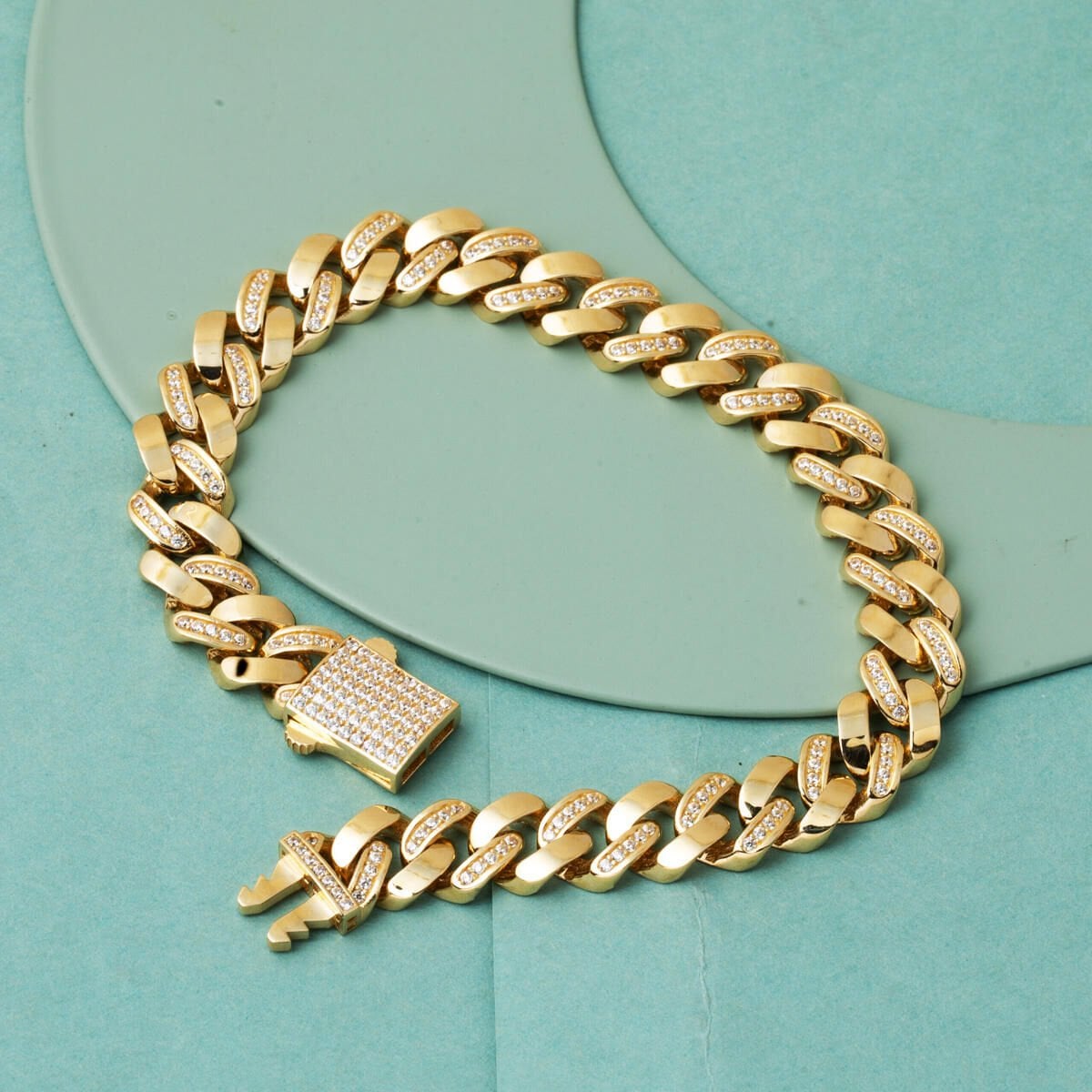 14K Yellow Gold Row Italian Curb Cubic Zirconia Bracelet