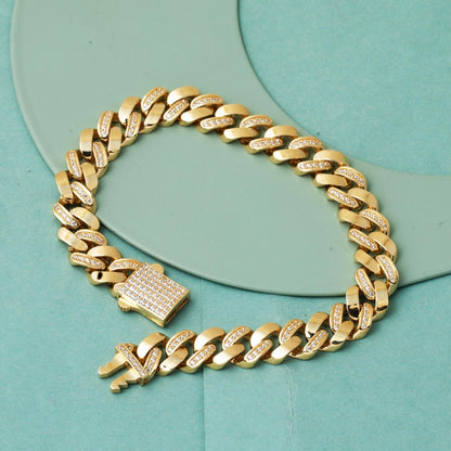 14K Yellow Gold Row Italian Curb Cubic Zirconia Bracelet
