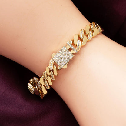 14K Yellow Gold Row Italian Curb Cubic Zirconia Bracelet