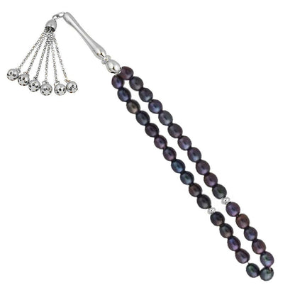 14K White Gold Black Pearl Men's Prayer Beads