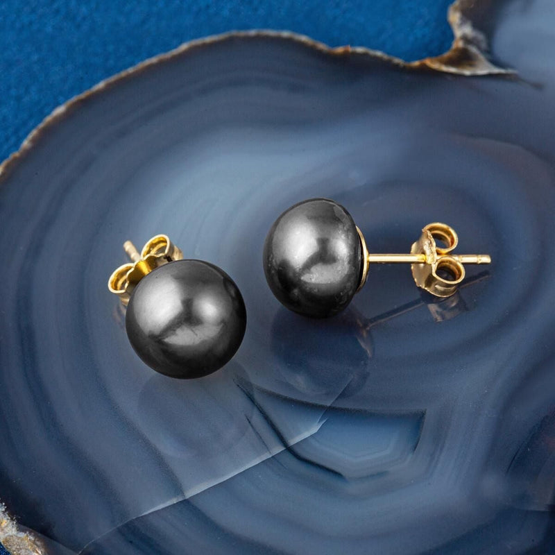 14K Yellow Gold Black Flat Pearl Earrings
