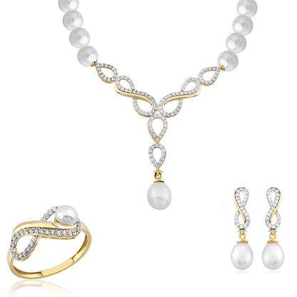 14K Yellow Gold Infinity Bridal Pearl Jewelry Set