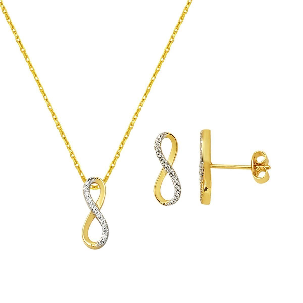14K Yellow Gold Infinity Cubic Zirconia Necklace and Earrings Set