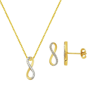 14K Yellow Gold Infinity Cubic Zirconia Necklace and Earrings Set