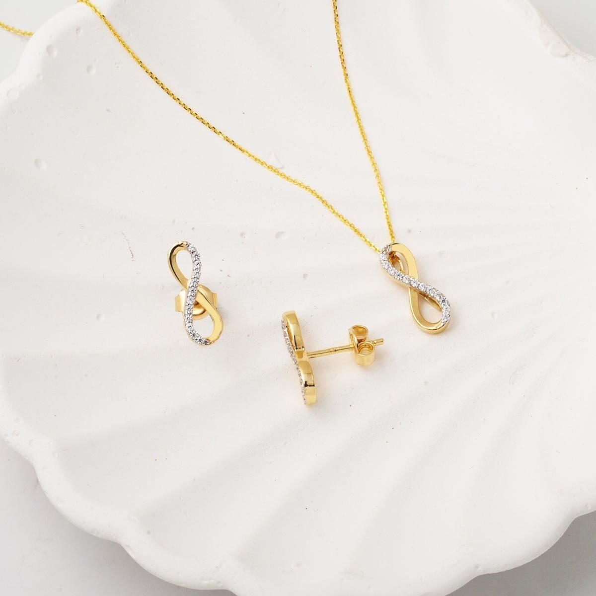 14K Yellow Gold Infinity Cubic Zirconia Necklace and Earrings Set