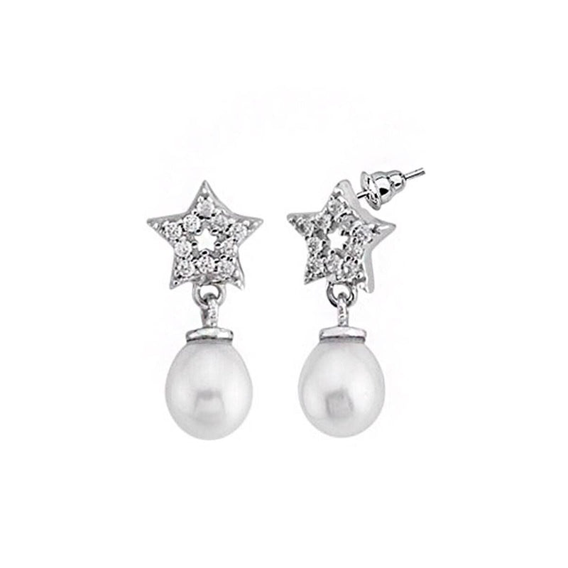 14K White Gold Star Pearl Earrings