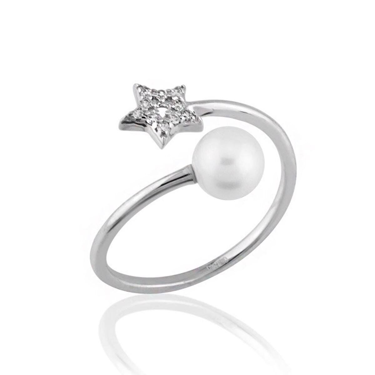 14K White Gold Star Pearl Ring