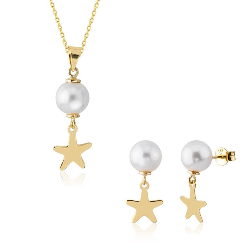 14K Yellow Gold Stella Pearl Necklace and Earrings Set