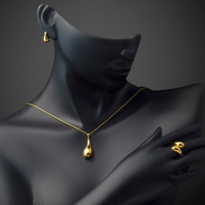 22K Yellow Gold Water Teardrop Minimalist Jewelry Set