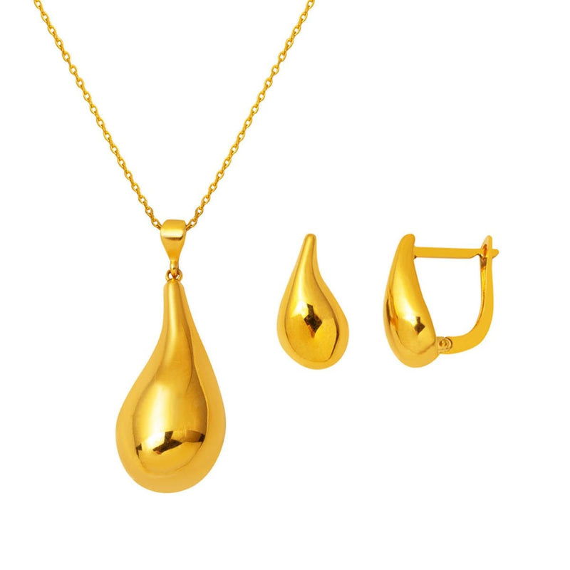22K Yellow Gold Water Teardrop Minimalist Necklace Earrings Set