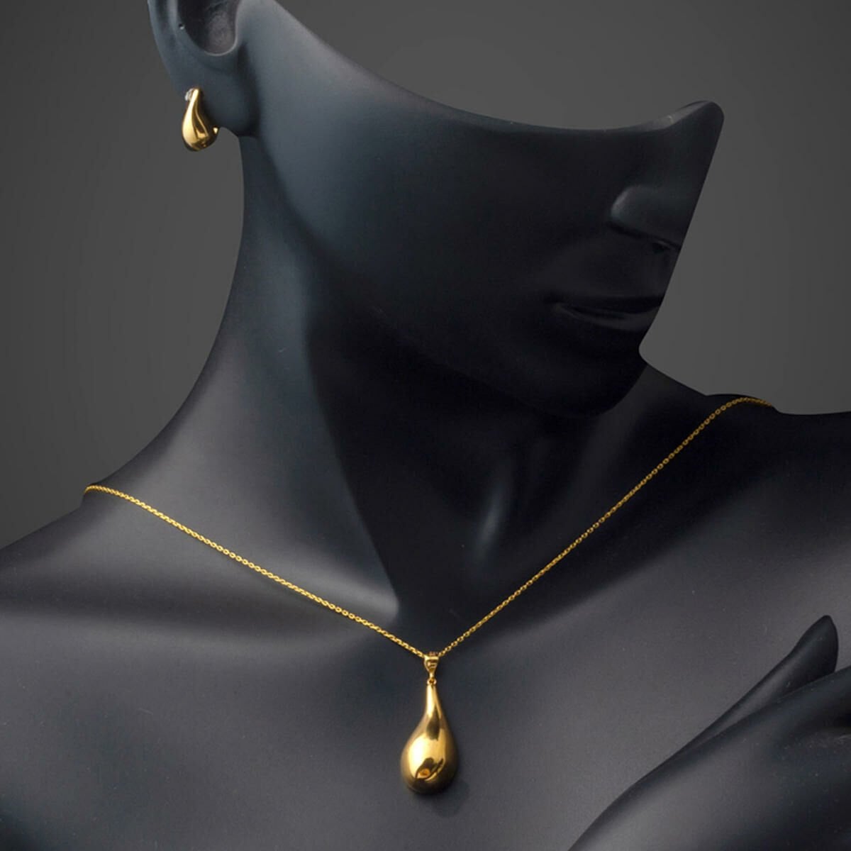 22K Yellow Gold Water Teardrop Minimalist Necklace Earrings Set