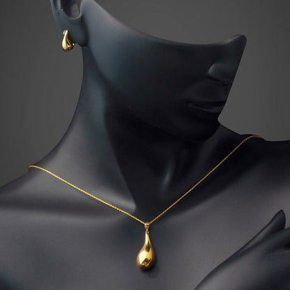 22K Yellow Gold Water Teardrop Minimalist Necklace Earrings Set
