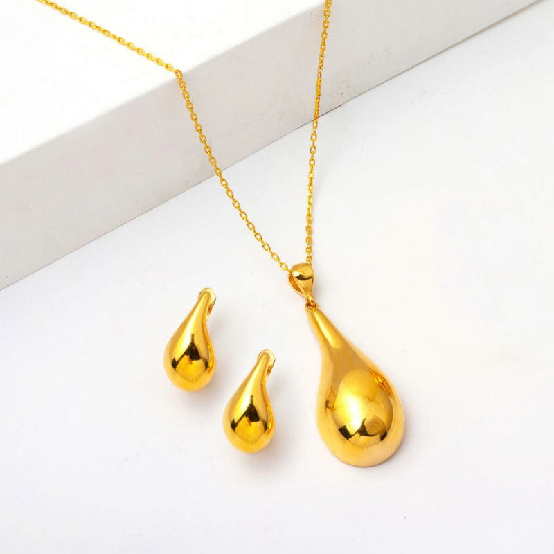 22K Yellow Gold Water Teardrop Minimalist Necklace Earrings Set