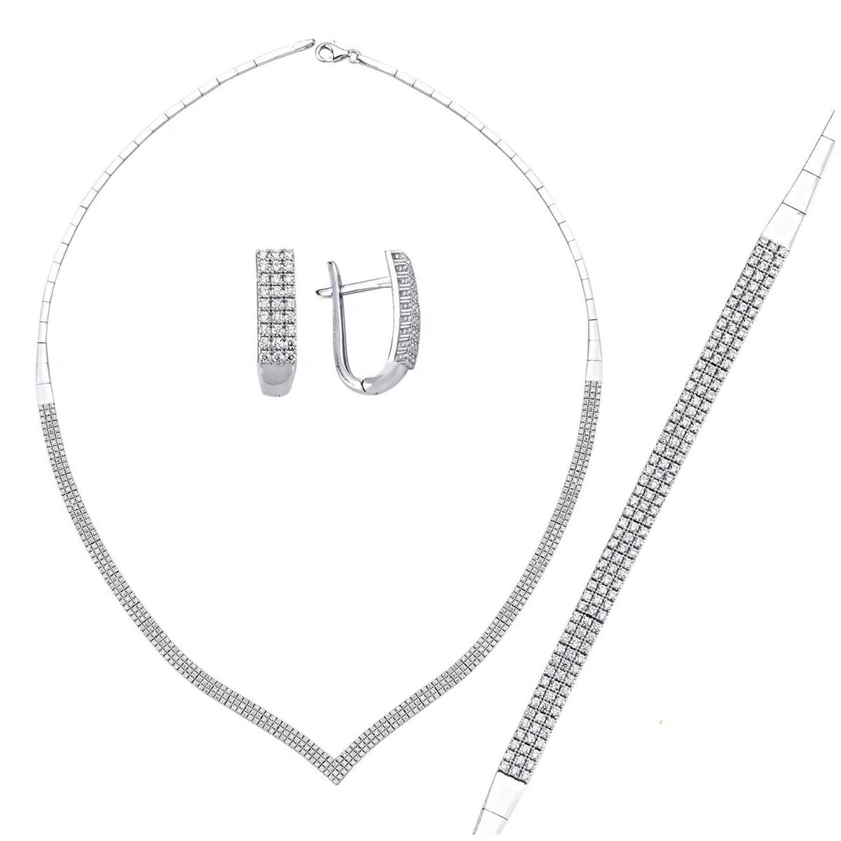 14K White Gold Tennis 3 Row Chevron Cubic Zirconia Set