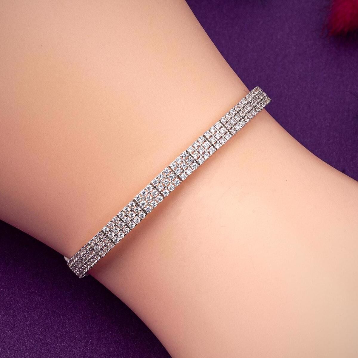 14K White Gold Tennis 3 Row Chevron Cubic Zirconia Set