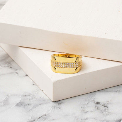 14K Yellow Gold Tennis Signet Cubic Zirconia Ring