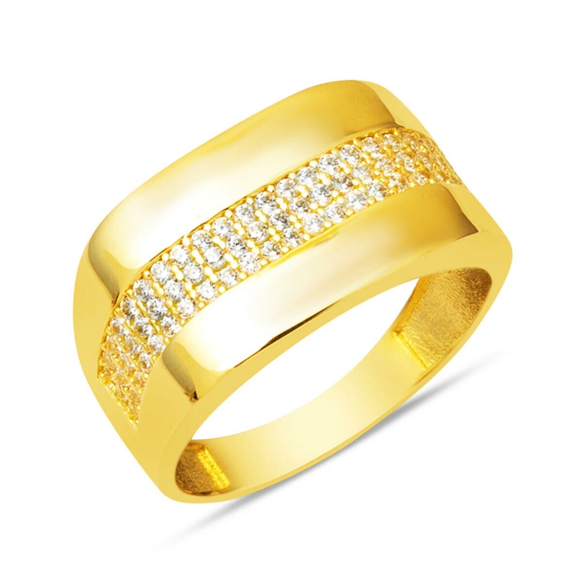 14K Yellow Gold Tennis Signet Cubic Zirconia Ring