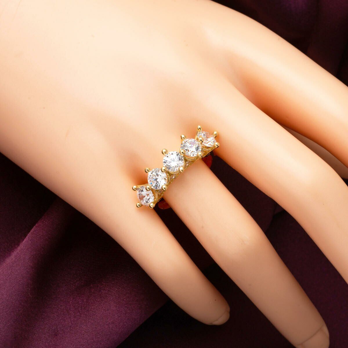 14K Yellow Gold Crown Five Stone Cubic Zirconia Ring