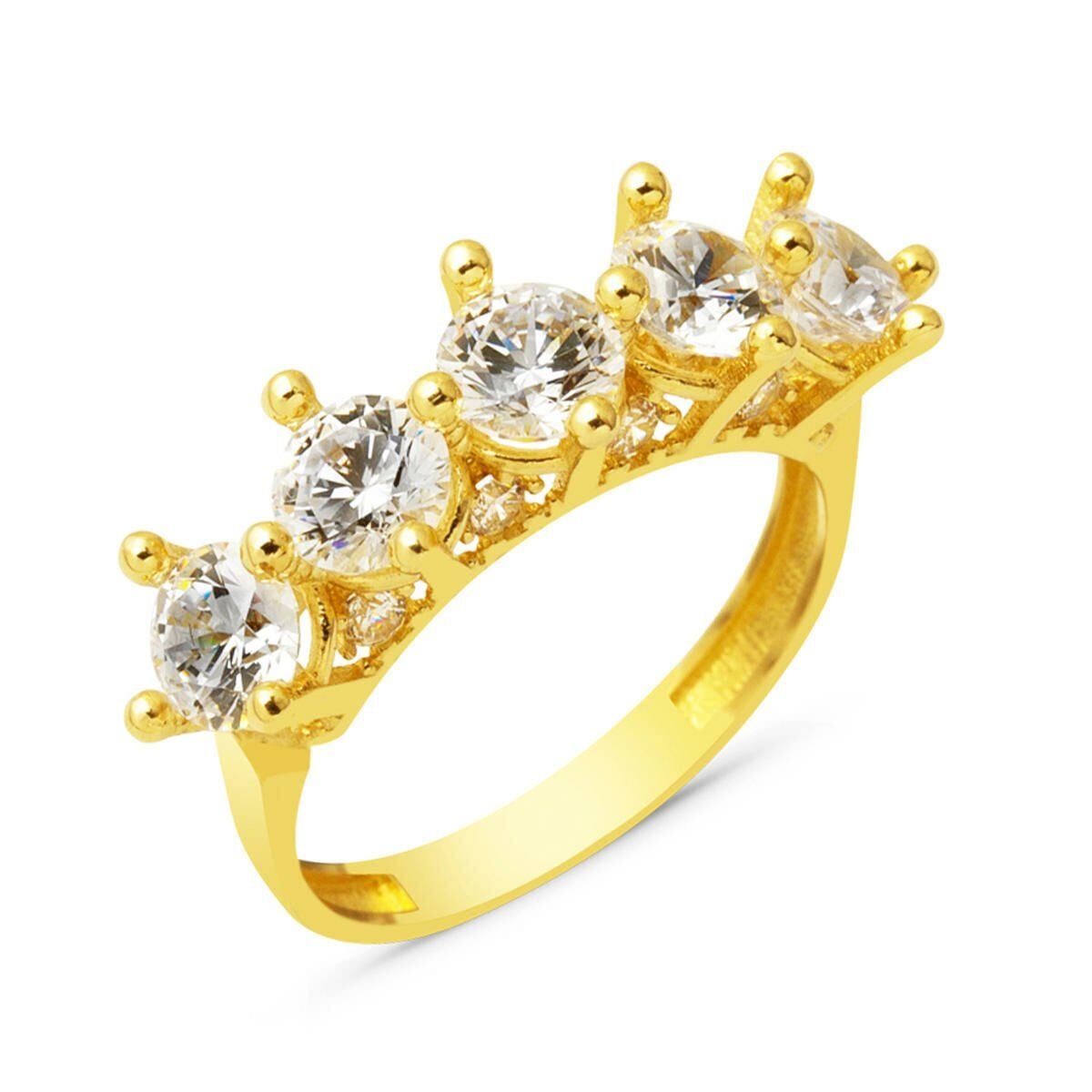 14K Yellow Gold Crown Five Stone Cubic Zirconia Ring