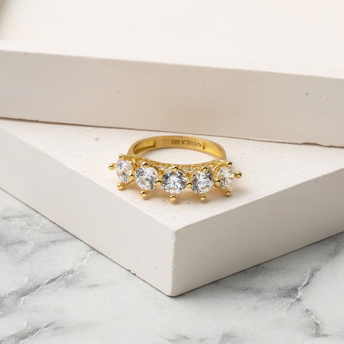 14K Yellow Gold Crown Five Stone Cubic Zirconia Ring