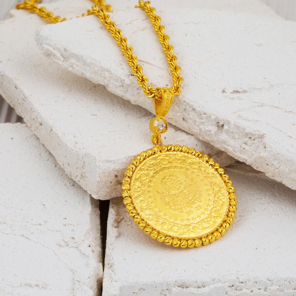14K Yellow Gold Full Gold Bead Chain Cubic Zirconia Necklace