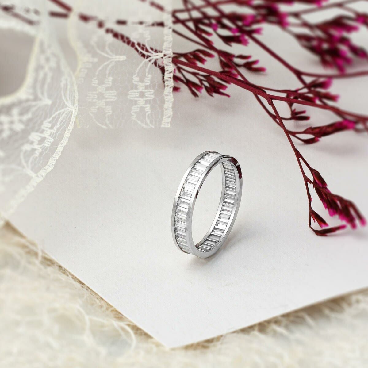 14K White Gold Full Eternity Baguette Cubic Zirconia Ring