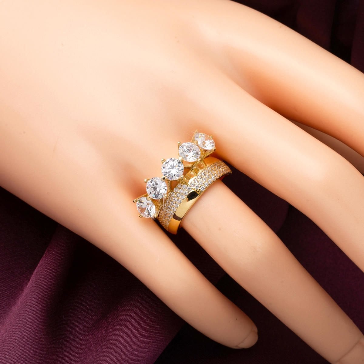14K Yellow Gold Design Wedding Band Five Stone Cubic Zirconia Ring