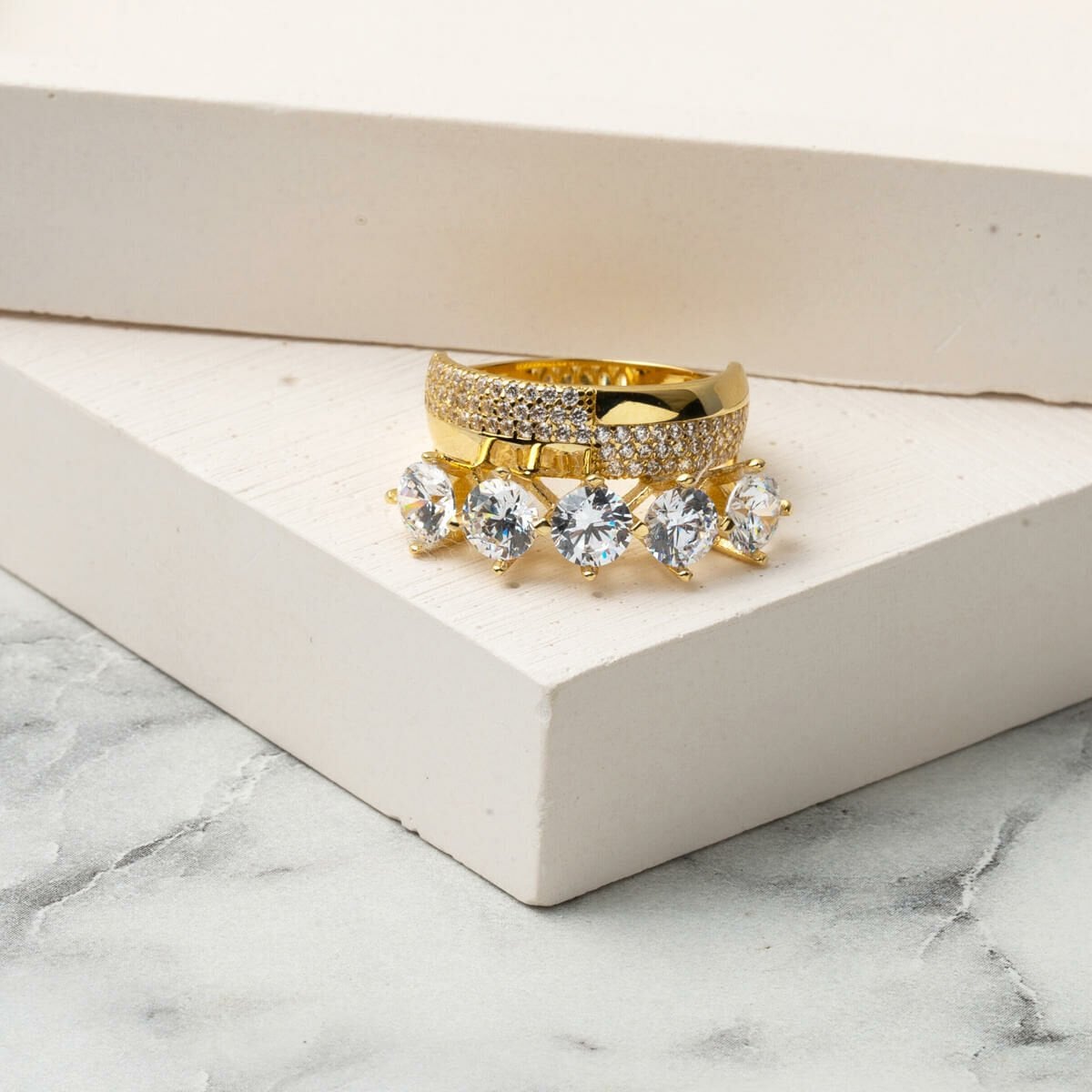 14K Yellow Gold Design Wedding Band Five Stone Cubic Zirconia Ring