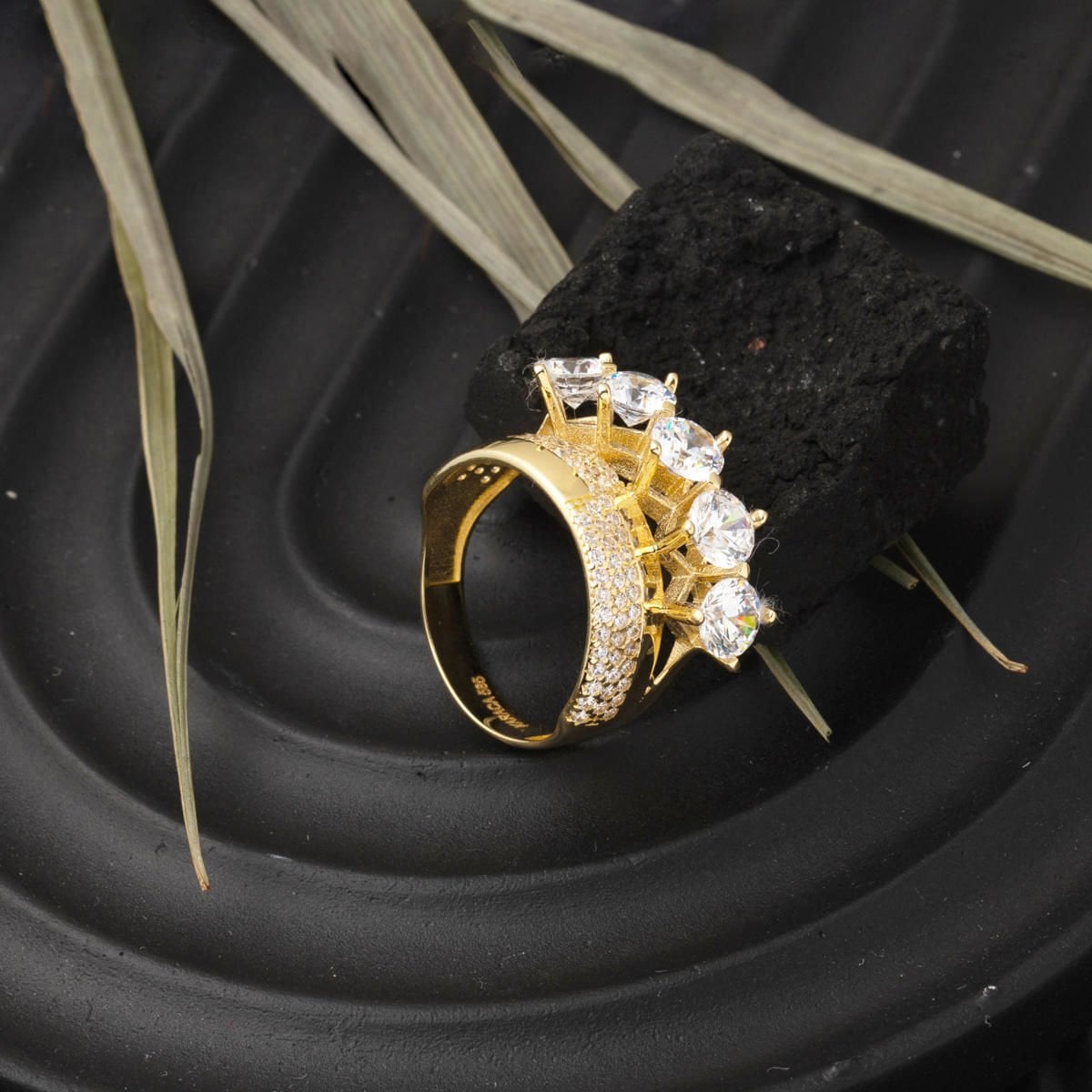 14K Yellow Gold Design Wedding Band Five Stone Cubic Zirconia Ring