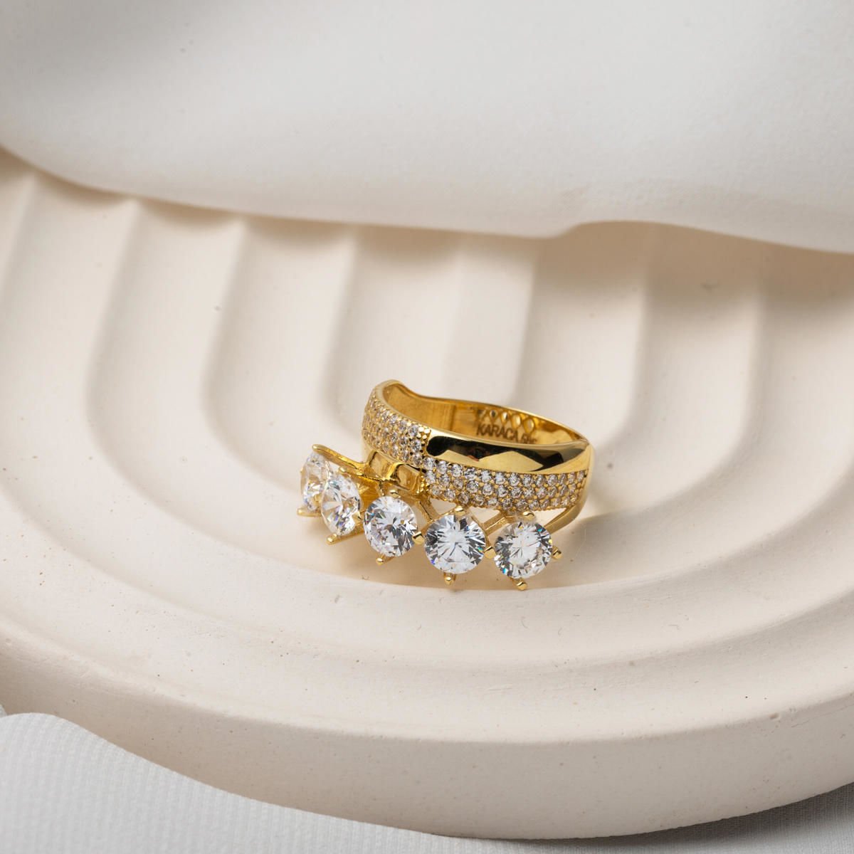 14K Yellow Gold Design Wedding Band Five Stone Cubic Zirconia Ring
