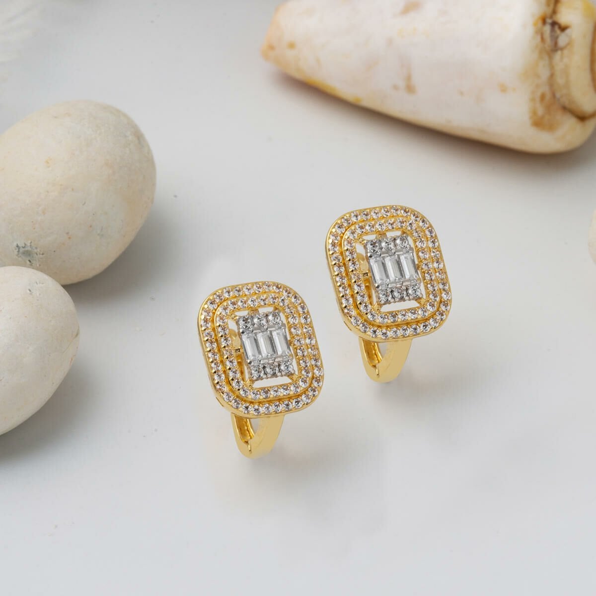 14K Yellow Gold Design Baguette Cubic Zirconia Earrings